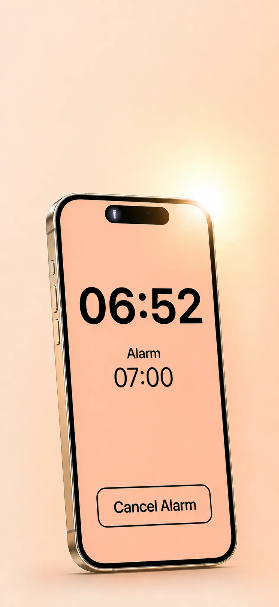 Bright iPhone alarm screen showing 06:52 with alarm set for 07:00