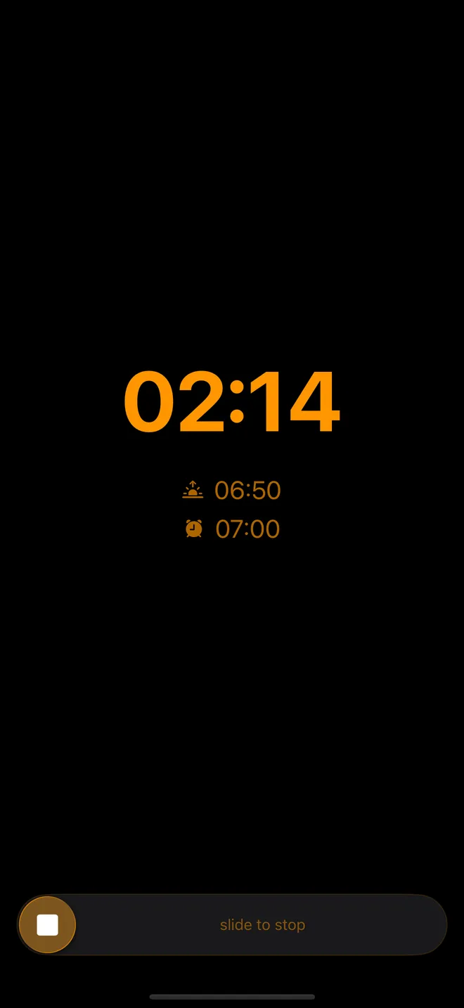 Glow Alarm sleep screen at night showing the light start and alarm time