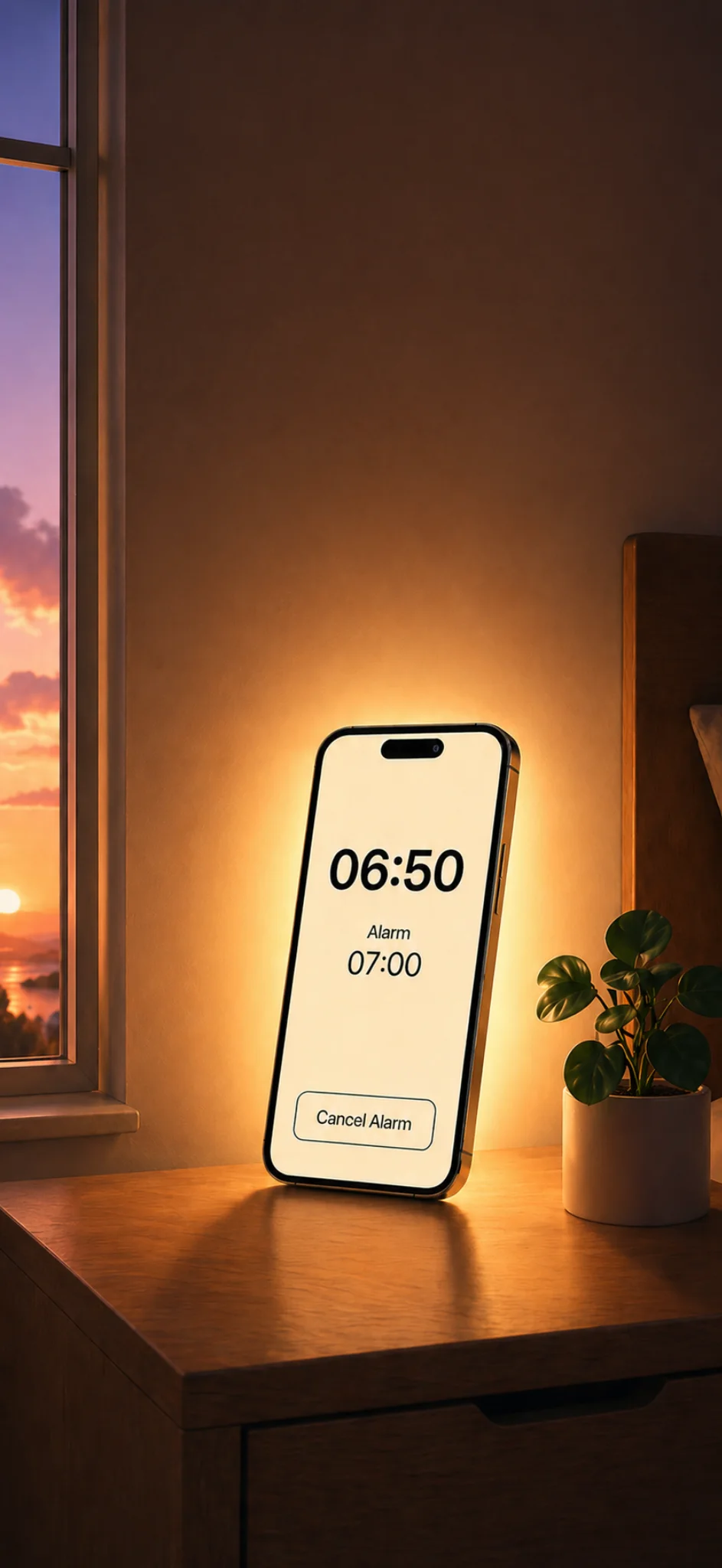 iPhone glowing on a bedside table at sunrise
